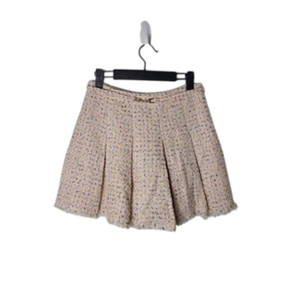 LFD Fate Wm Sm Pink Tweed Pleated Mini Skirtโ Raw Hem Preppy Academia Old Money